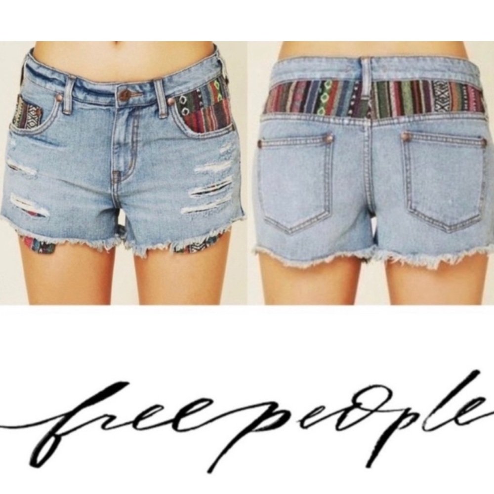 Free People Distressed Jean Shorts with Tribal Aztec Embroidery pocket lining